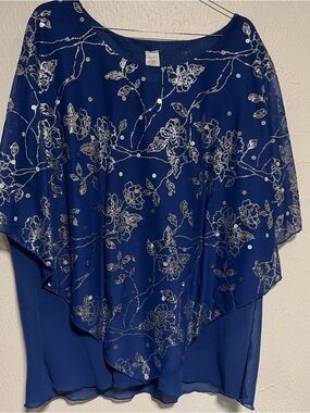 SL Fashions Navy Floral Sequin‎ Poncho Overlay Blouse